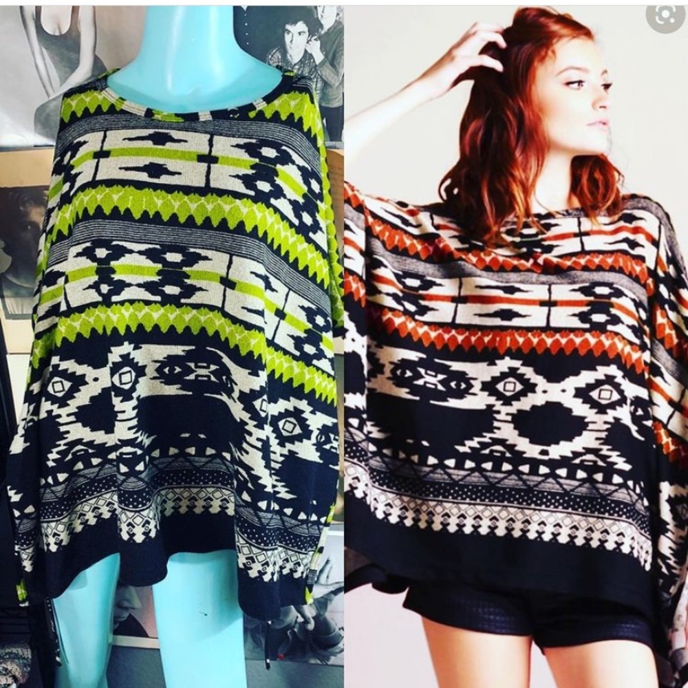 💚 Anthropologie Tyche BOHO TRIBAL SHRUG PONCHO Sweater Size: M/L LIME BLACK